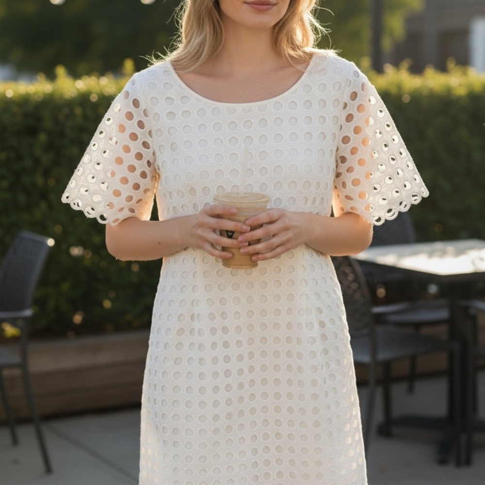 Tahari Cream Eyelet Midi Dress